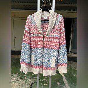 CAbi Fair Isle Zip Cardigan - Cream, Blue & Red